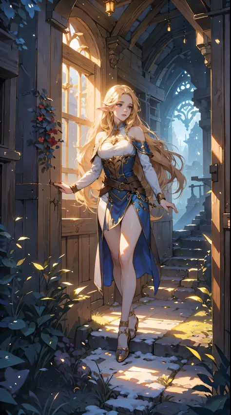 (background, fantasy),elf woman, golden hair ,(best quality,4k,8k,highres,masterpiece:1.2),ultra-detailed,(realistic,photorealis...