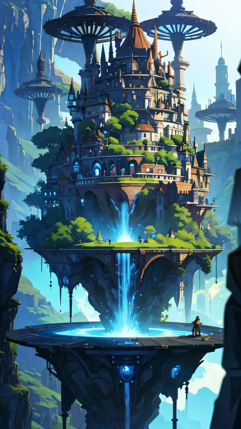Stunning floating island、Futuristic and ominous、Floating in the air、A city that spreads across its surface、(cute)And cute elemen...