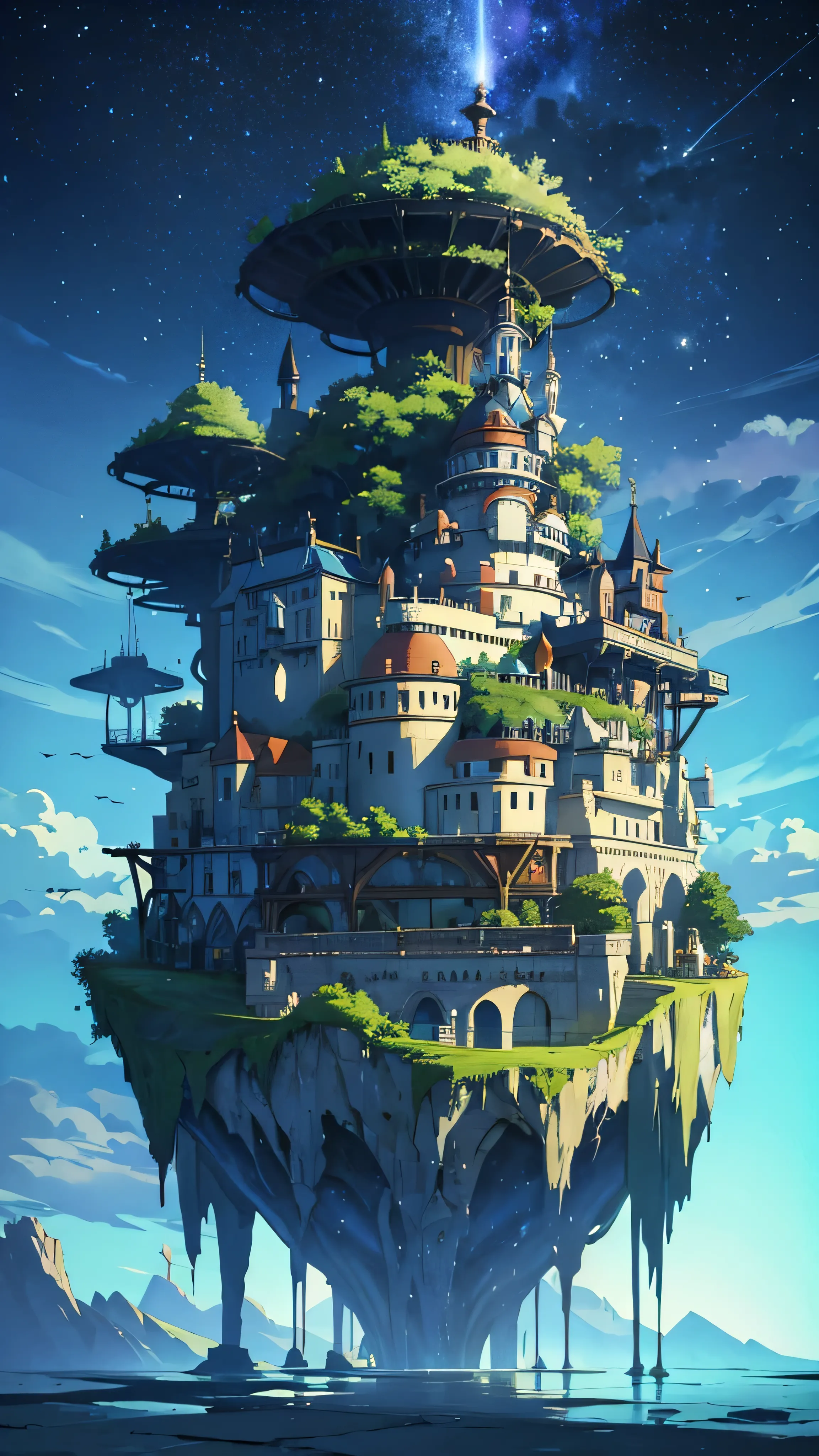 Stunning floating island、Futuristic and ominous、Floating in the air、A city that spreads across its surface、(cute)And cute elemen...