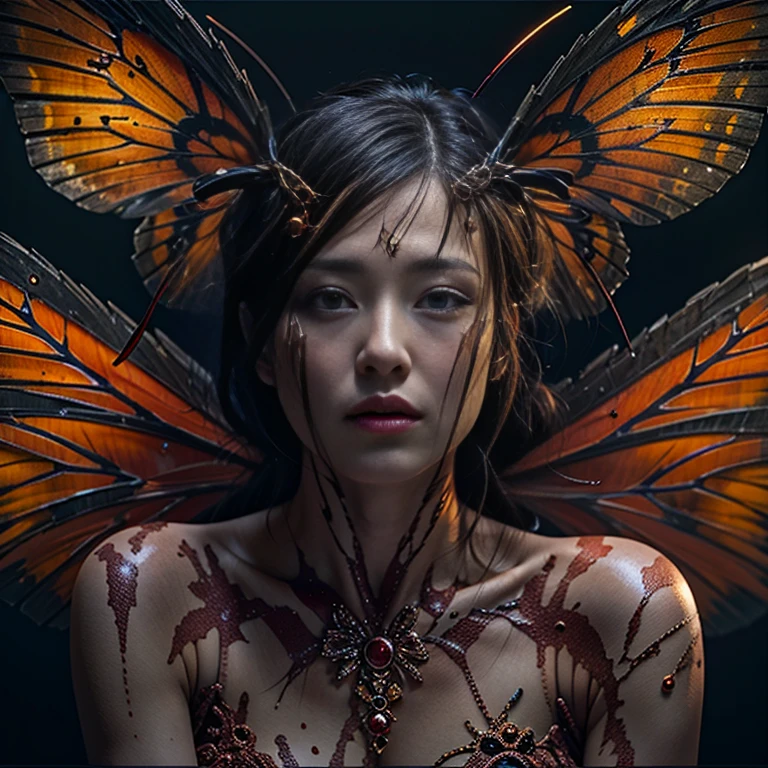 A hybrid monster with the body of a butterfly and the face of a woman、Cold look、An ominous presence、Orange tones、Soft lighting、Complex Texture、(highest quality、4k、8k、High Resolution、masterpiece: 1.2)、Super detailed、 (Real、Photorealistic、Photorealistic:1.37)、[insect]、[Transform]、[Horror]、limbless