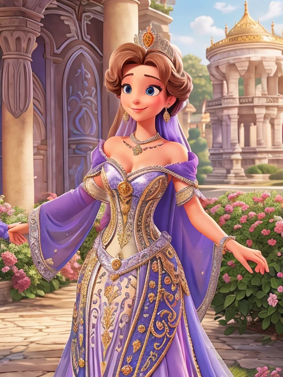 Queen Miranda, beautiful, elegant, sexy, royal costumes, gentle look, friendly smile, relaxed moment in the palace gardens, majestic details, magical aura, Disney cartoon, Sofia the First, HD quality,