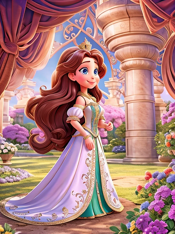 Queen Miranda, beautiful, elegant, sexy, royal costumes, gentle look, friendly smile, relaxed moment in the palace gardens, majestic details, magical aura, Disney cartoon, Sofia the First, HD quality,