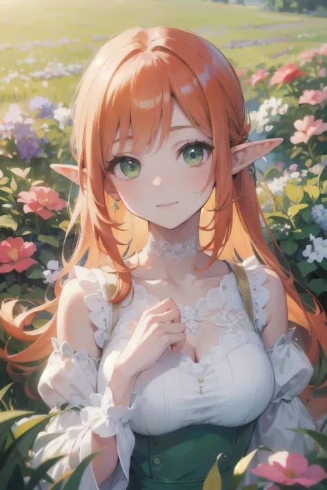 ((best quality)), ((masterpiece)), (detailed), perfect face, elf, young, girl, orange hair, long hair, green eyes, lilac dress, ...