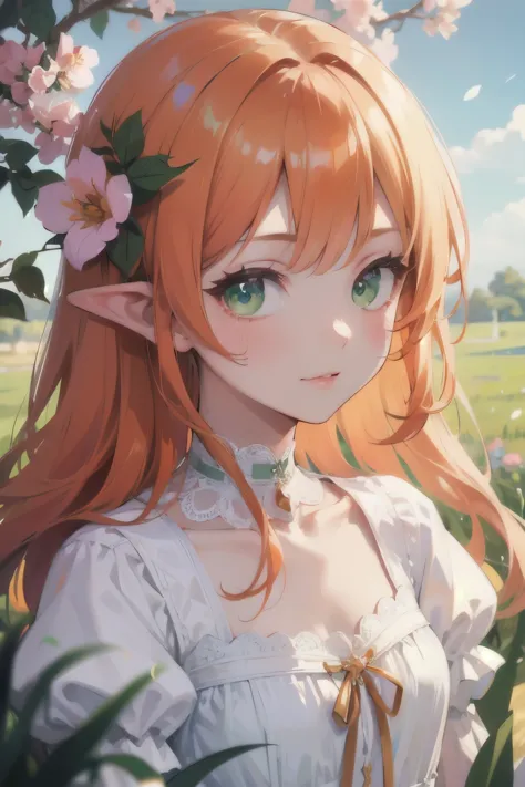 ((best quality)), ((masterpiece)), (detailed), perfect face, elf, young, girl, orange hair, long hair, green eyes, lilac dress, ...