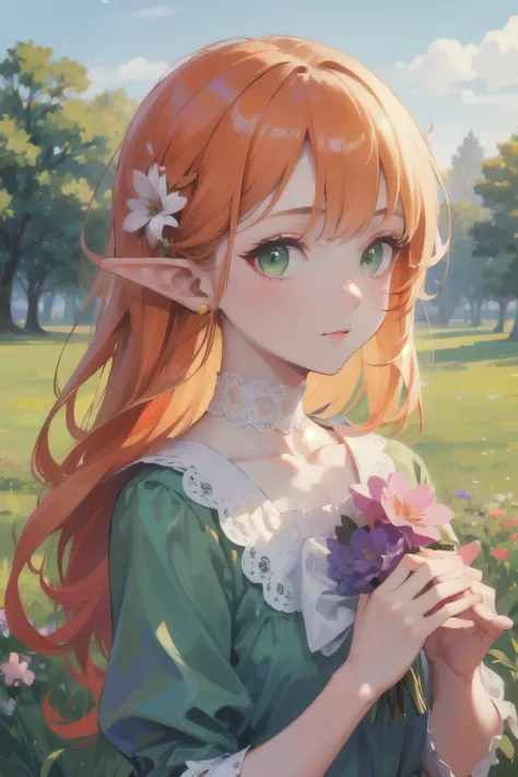 ((best quality)), ((masterpiece)), (detailed), perfect face, elf, young, girl, orange hair, long hair, green eyes, lilac dress, ...