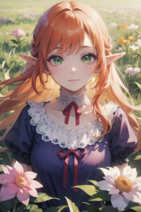 ((best quality)), ((masterpiece)), (detailed), perfect face, elf, young, girl, orange hair, long hair, green eyes, purple dress,...