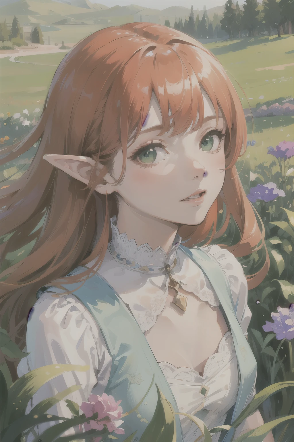 ((best quality)), ((masterpiece)), (detailed), perfect face, elf, young, girl, orange hair, long hair, green eyes, lilac colored dress, flowers, pink flowers, happy, sunny, green grass, lawn, white lace choker, romantic, soft smile, looking at viewer, portrait, flat, ribbons