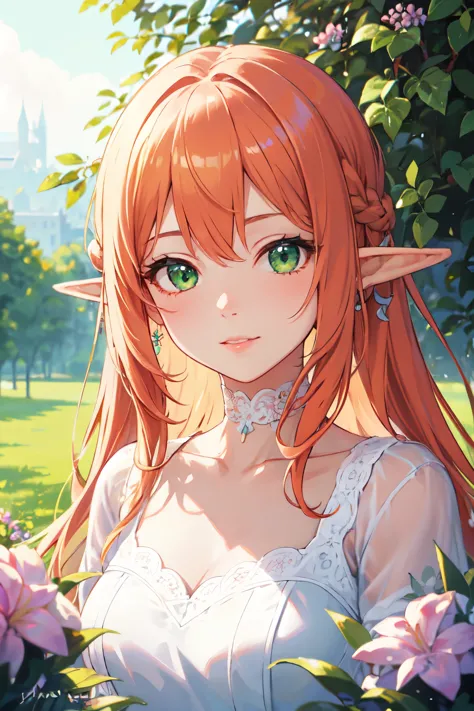 ((best quality)), ((masterpiece)), (detailed), perfect face, elf, young, girl, orange hair, long hair, green eyes, lilac colored...