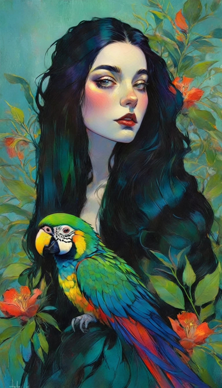 uma linda mulher morena com longos cabelos escuros, olhos detalhados, nariz e lábios, flores e folhas adornando sua cabeça, um papagaio vibrante empoleirado em seu ombro, altamente realista, fotorrealista, pintura mestre de malcolm liepke, iluminação cinematográfica, cores vivas, iluminação dramática, detalhes intrincados, pose elegante, atmosfera mística, fantasia épica, realismo mágico