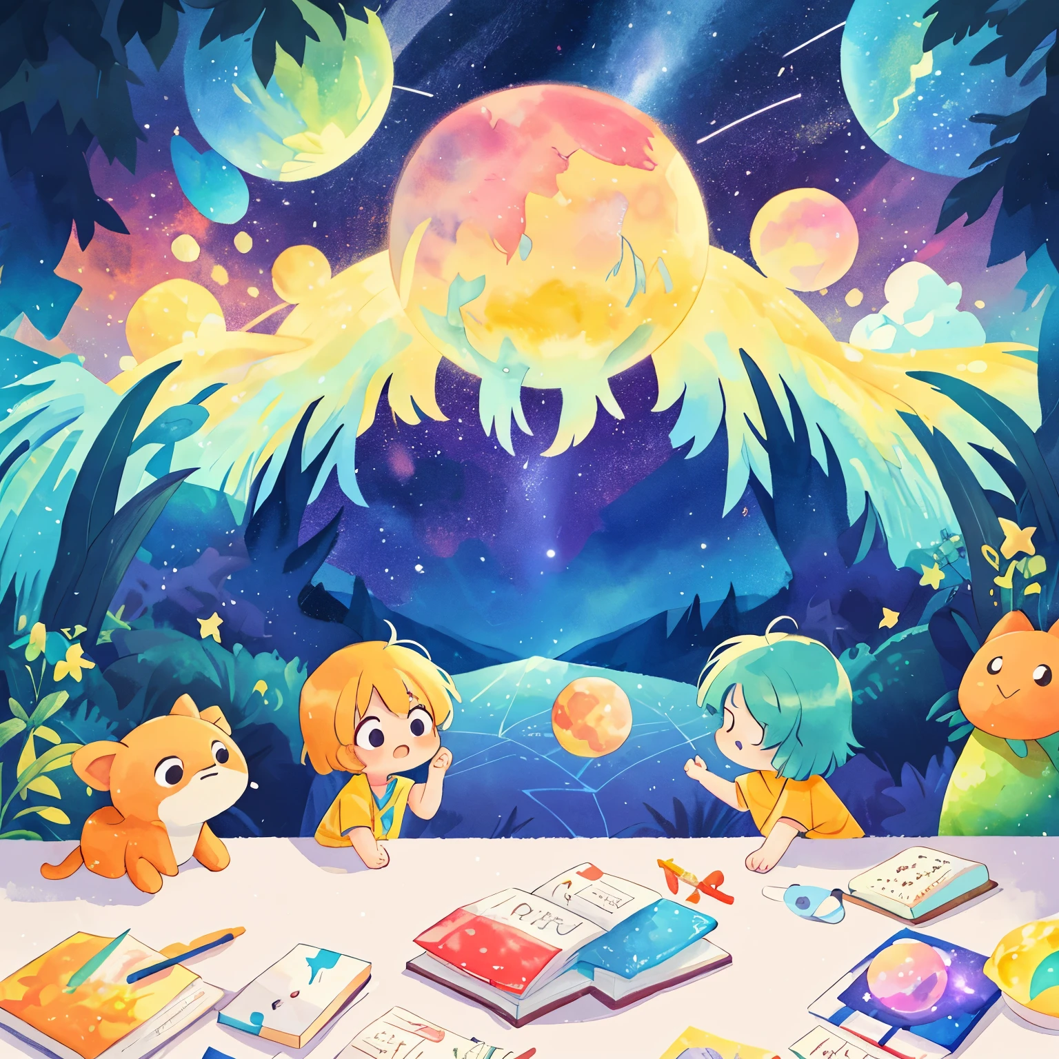 Create an image of a distant galaxy filled with vibrant, colorful stars swirling in the vastness of space. Highlight a unique planet named Emotionia, dreamlike. glowing energy that flow across the planet and skies painted with multicolored auroras reflecting. Watercolor, book kids
