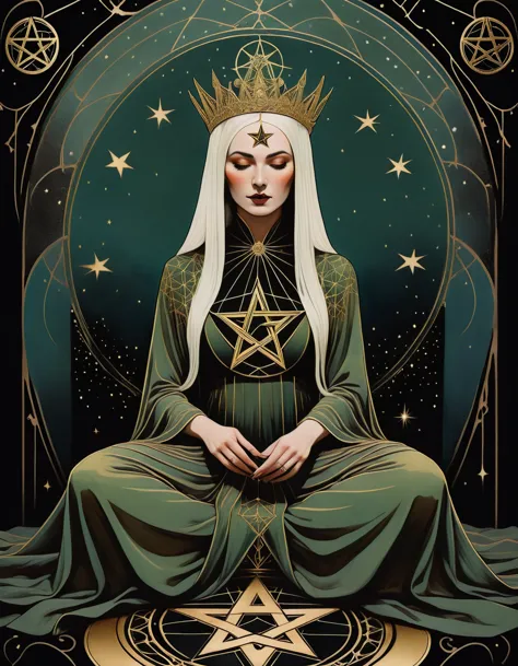 tarot card, chiaroscuro technique on sensual illustration of an queen of pentacle, vintage queen, earthy eerie, matte painting, ...