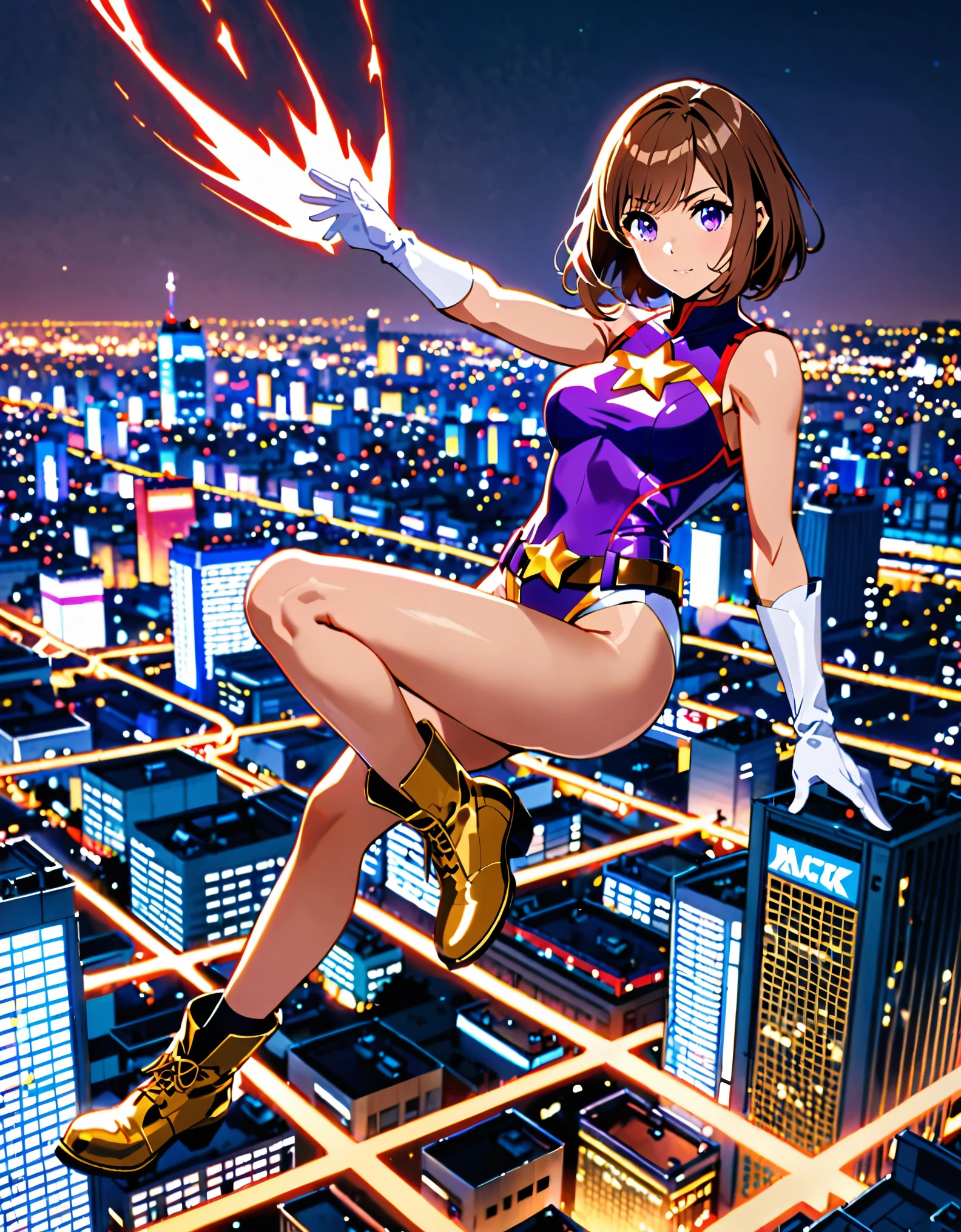 (masterpiece), (best quality), (high res), medium breasts, ((leotard, white and red leotard, matching leotard, sleeveless, bare legs)), ((tight belt, gold belt)), ((boots, matching boots, ankle-high boots, white boots)), ((gloves, white gloves)), city backdrop, tokyo city backdrop, solo, single, floating, hovering, legs straight, (full body), cowboy shot, superhero, ((beautiful detailed eyes)), ((gold star symbol on chest)), (brown hair, medium hair, bob hair, purple eyes), (perfect hands, perfect anatomy), cowboy shot, superhero, ((beautiful detailed eyes)), using her powers, full body costume design.