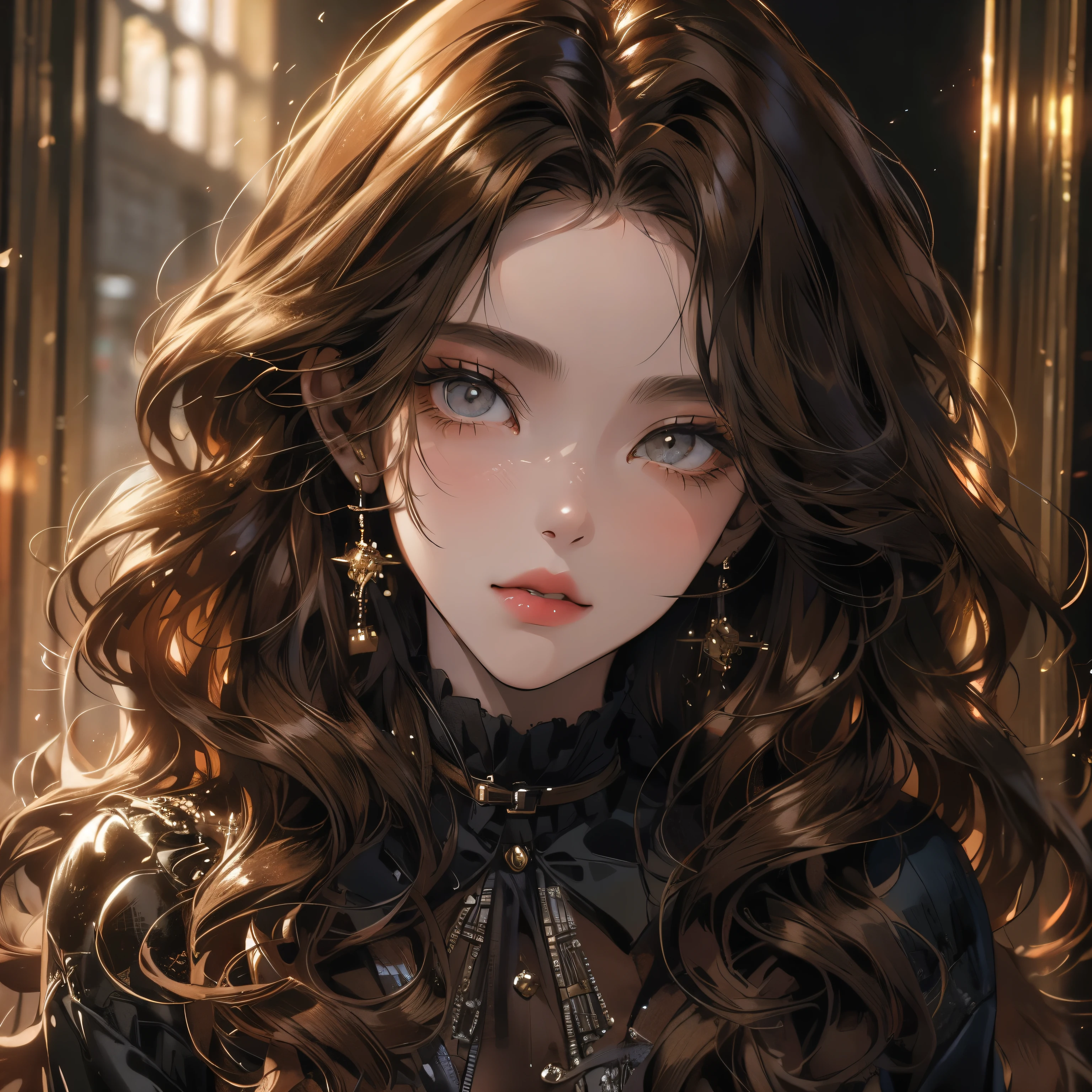 portrait of a Beautiful girl with brown curly hair beautiful face, cat eyes, eyeshadow, volume hair,rblue shiny blouse ish clothing, long sleeves
