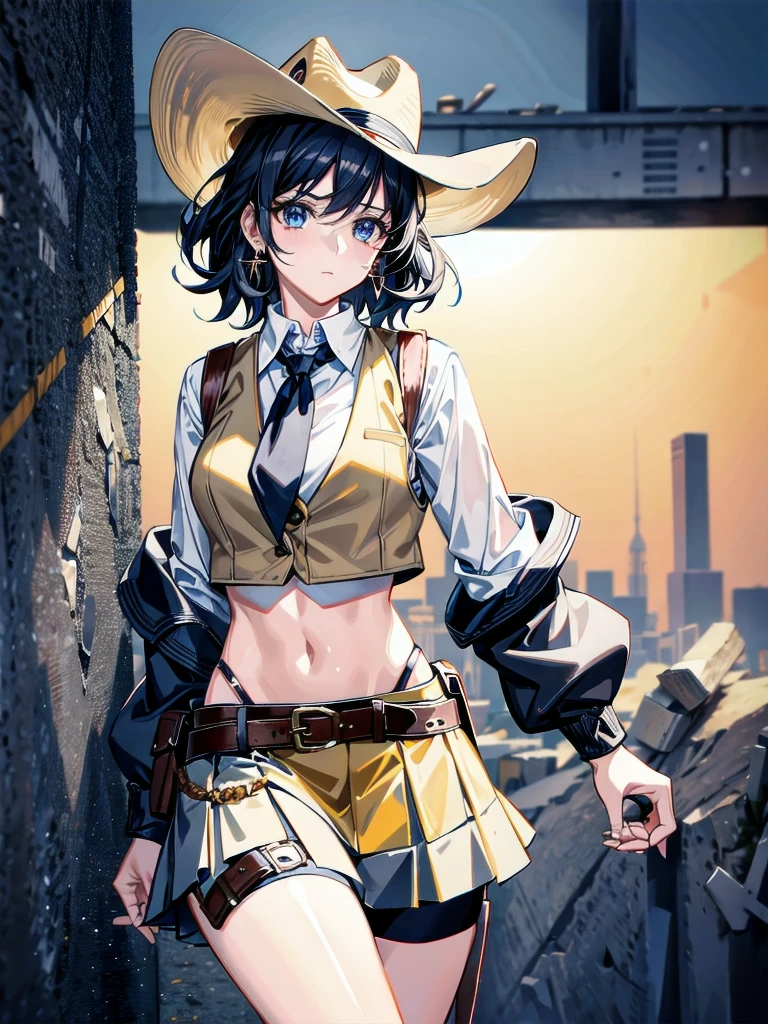 cowgirl costume, vest, cowboy hat, fingerless gloves, midriff, neckerchief, short skirt, holster, absurdres, RAW photo, extremely delicate and beautiful, masterpiece, Best Quality, ultra high resolution, 32k, hyperrealistic, ultra-detailed, detailed description, pale skin, 20 years old, tearful mole, earring, short medium hair, wavy hair, whole body shot,