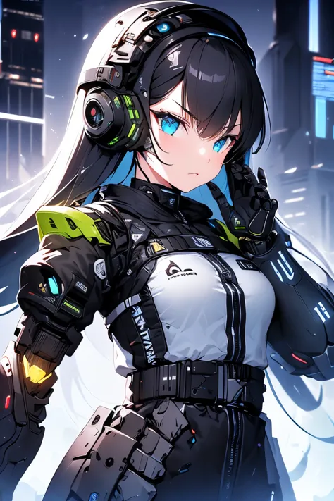 Ultra detailed,  girl serious face,  Robotic Hands , fully robotic  , soldier girl. Cyberpunk  , leds . Hands mechanical. 