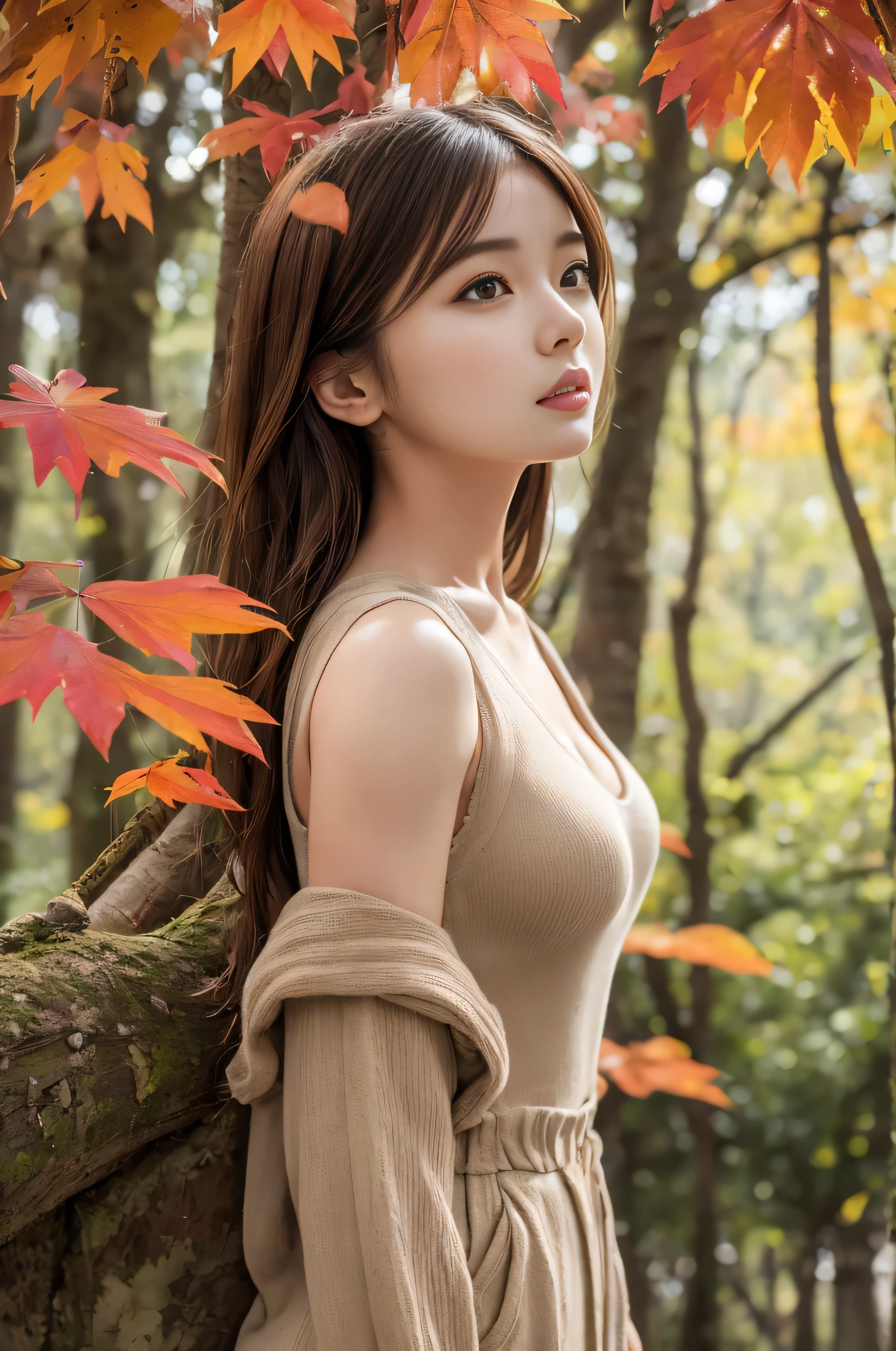 Masseter muscle area、sottle Woman、shortcut、Natural color clothes、Natural look、highest quality、Ultra-detailed、High quality details、８ｋ、autumn leaves:1.5、deep autumn forest、Tree leaking day、silence