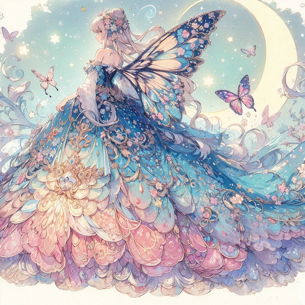 (Exquisite, beautiful, Very detailed, masterpiece, High resolution,high quality,High resolution), (Soft and thin lines,A design concept illustration showing the entire antique part of a beautiful dress in vivid pastel colors with beautiful fairy wings like a butterfly on the back, adorned on a torso against a pale night sky and star background, Pixiv-inspired anime illustrations that are going viral among Japanese people on Twitter), A gorgeous dress with a beautiful and vibrant color with a light blue base and a moon and star motif on one side of the chest with draped peplums attached symmetrically to the left and right sides of the corset., Corset with moon and star motifs, A cute princess dress inspired by the moon and stars,