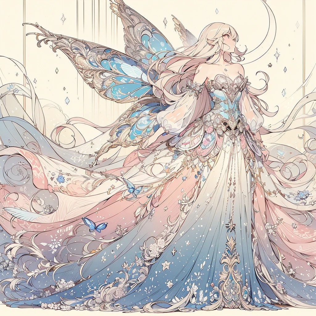 (Exquis, Beau, très détaillé, chef-d&#39;œuvre, haute résolution,Haute qualité,haute résolution), (Lignes douces et fines,A design concept illustration showing the entire antique part of a Beau dress in vivid pastel colors with Beau fairy wings like a butterfly on the back, orné sur un torse sur un ciel nocturne pâle et un fond d&#39;étoiles, Des illustrations d&#39;anime inspirées de Pixiv qui deviennent virales parmi les Japonais sur Twitter), A gorgeous dress with a Beau and vibrant color with a light blue base and a moon and star motif on one side of the chest with draped peplums attached symmetrically to the left and right sides of the corset., Corset à motifs lunes et étoiles, Une jolie robe de princesse inspirée de la lune et des étoiles,