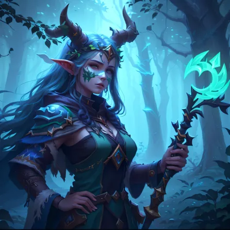 a close up of a woman with a horned head and a staff, druid portrait, world of warcraft elven druid, portrait of a forest mage, ...