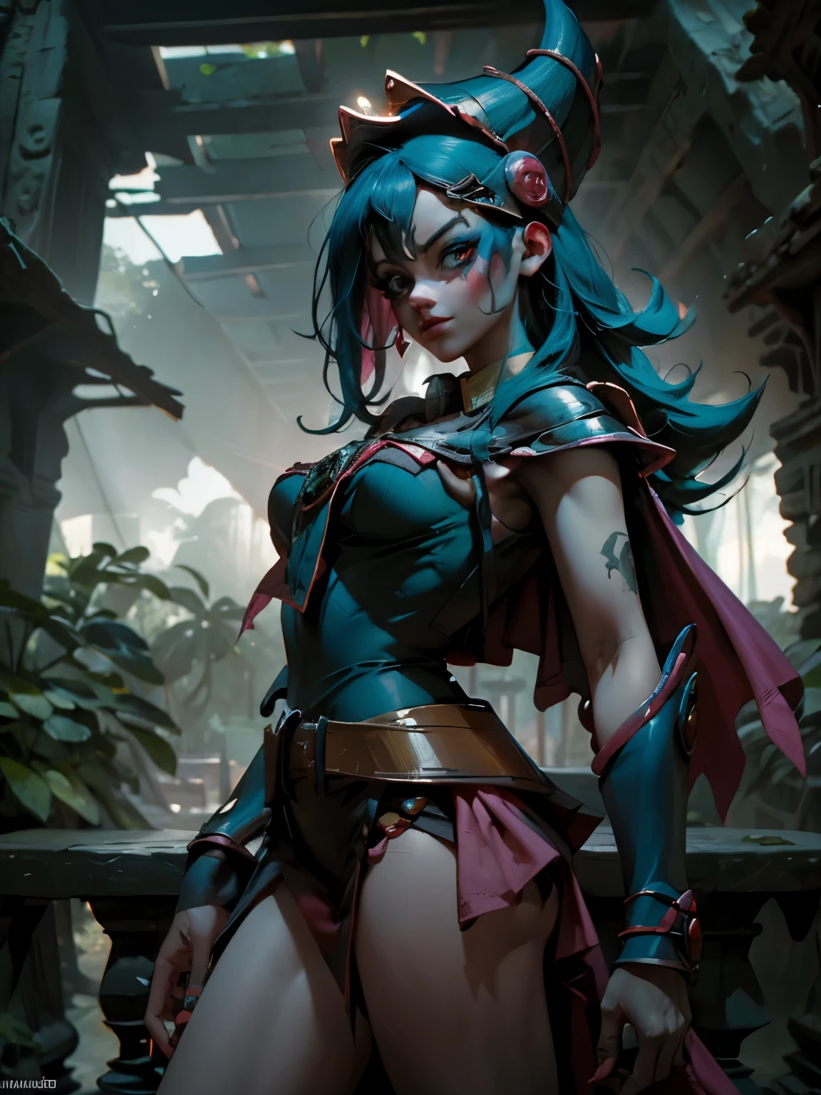 Hermosa y sensual dark magician gils vestida como Harley Quinn. pelo rojo y azul. Labios rojos. Ojos azules. Fondo de ruinas MAYAS De TIKAL. en medio de la selva . Ruina maya de Tikal. Pose amistosa