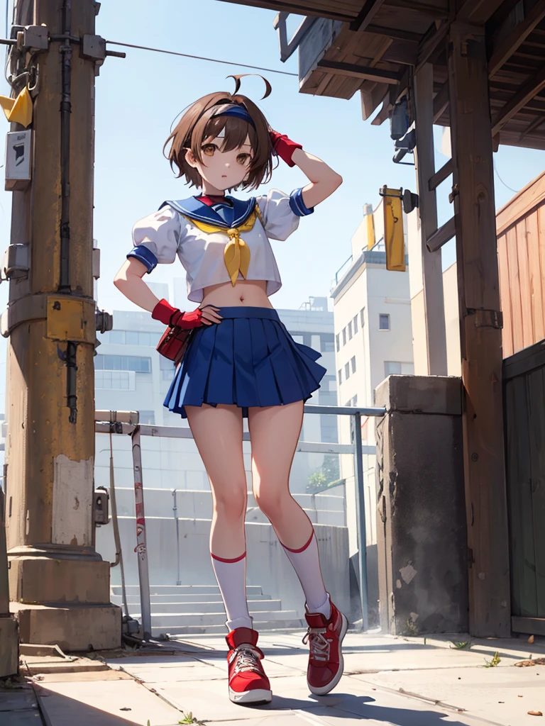 masterpiece, best quality, 1 girl, solo, 16 years old, flat chest, brown eyes, brown hair, short hair, bangs, ahoge, headband, , puffy sleeves, crop top, yellow neckerchief, blue skirt, fingerless gloves, thighs, white socks, red footwear, full body