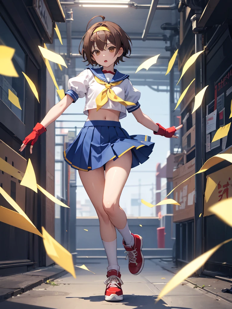 masterpiece, best quality, 1 girl, solo, 16 years old, flat chest, brown eyes, brown hair, short hair, bangs, ahoge, headband, , puffy sleeves, crop top, yellow neckerchief, blue skirt, fingerless gloves, thighs, white socks, red footwear, full body