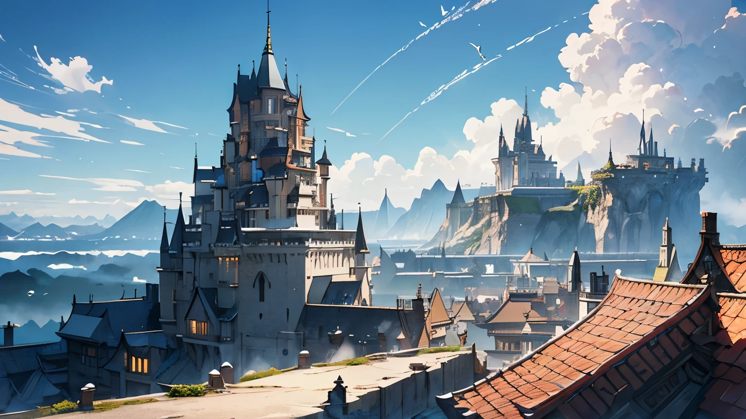 Uma cidade de fantasia com edifícios brancos e dragões voadores, Estilo de arte de fantasia, estética de anime, Arquitetura de fantasia, uma cidade medieval no céu no topo das montanhas, um enorme castelo no centro, Céus azuis, nuvens brancas, Um tiro amplo, vista aérea, visão de alto ângulo, arte conceitual de Artgerm, por wlop, por Alphonse Mucha, por Greg Rutkowski, por estúdio ghibli, por Akihiko Yoshida, por chave +!+ picos, Altamente detalhado, detalhes intrincados, iluminação volumétrica, renderização de octanagem, ilustração, cinematic