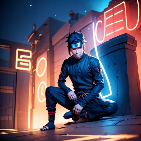 naruto sitting beside the name text "neces" with blue neon effects, 3d text