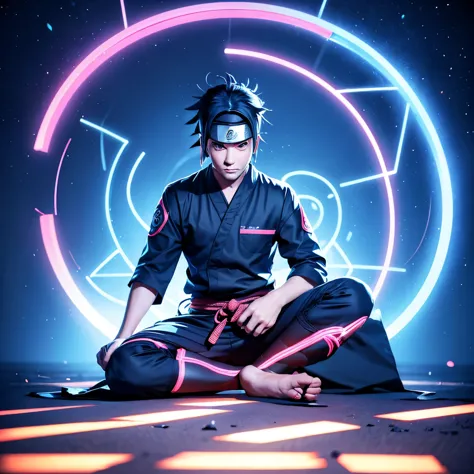 naruto sitting beside the name text "neces" with blue neon effects, 3d text