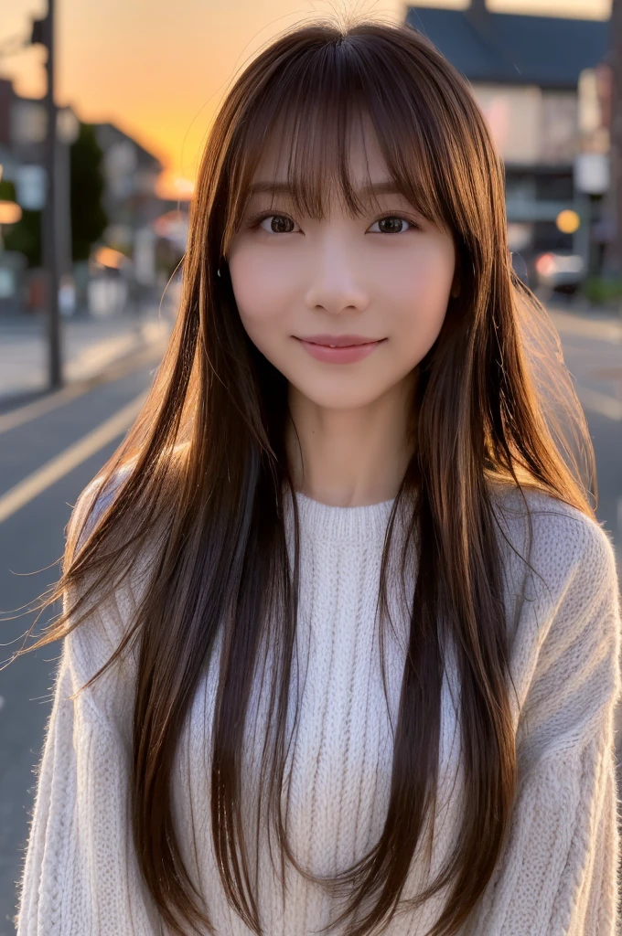 ((highest quality, In 8K, masterpiece:1.3)), Beautiful Japanese Women, Perfect body:1.4, Slim Abs:1.2, ((Long Hair, Straight Hair:1.2)),  (Street:1.2), Wet body:1.5, Three-dimensional texture, Detailed eyes, Brown Hair, Very shiny hair, Backward view、The background is the seaside at dusk、Cool knitwear