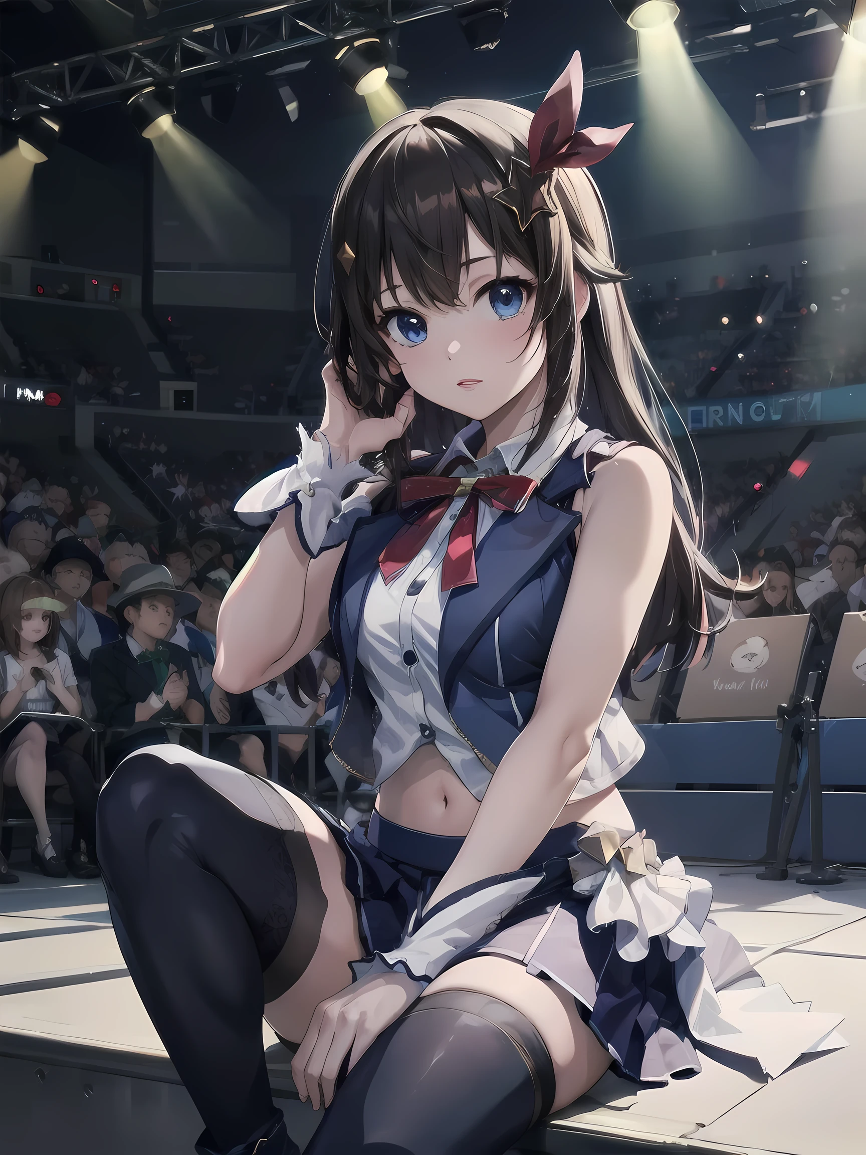 (realistic, photo realistic:1.2), ((highest quality)), beautiful face details, real human skin, pretty embarrassing, tokinosoraHL, 1girl, solo, long hair, blue eyes, skirt, shirt, hair ornament,ribbon, hair ribbon, sleeveless, hairclip, midriff, vest, red ribbon, wrist cuffs, blue thighhighs, Cowboy Shot, sitting on speaker, knees raised, spread legs, Cute face, deadpan, Looking at Viewer, (on stage), (stage lights), (crowd, audience:1.3), from below