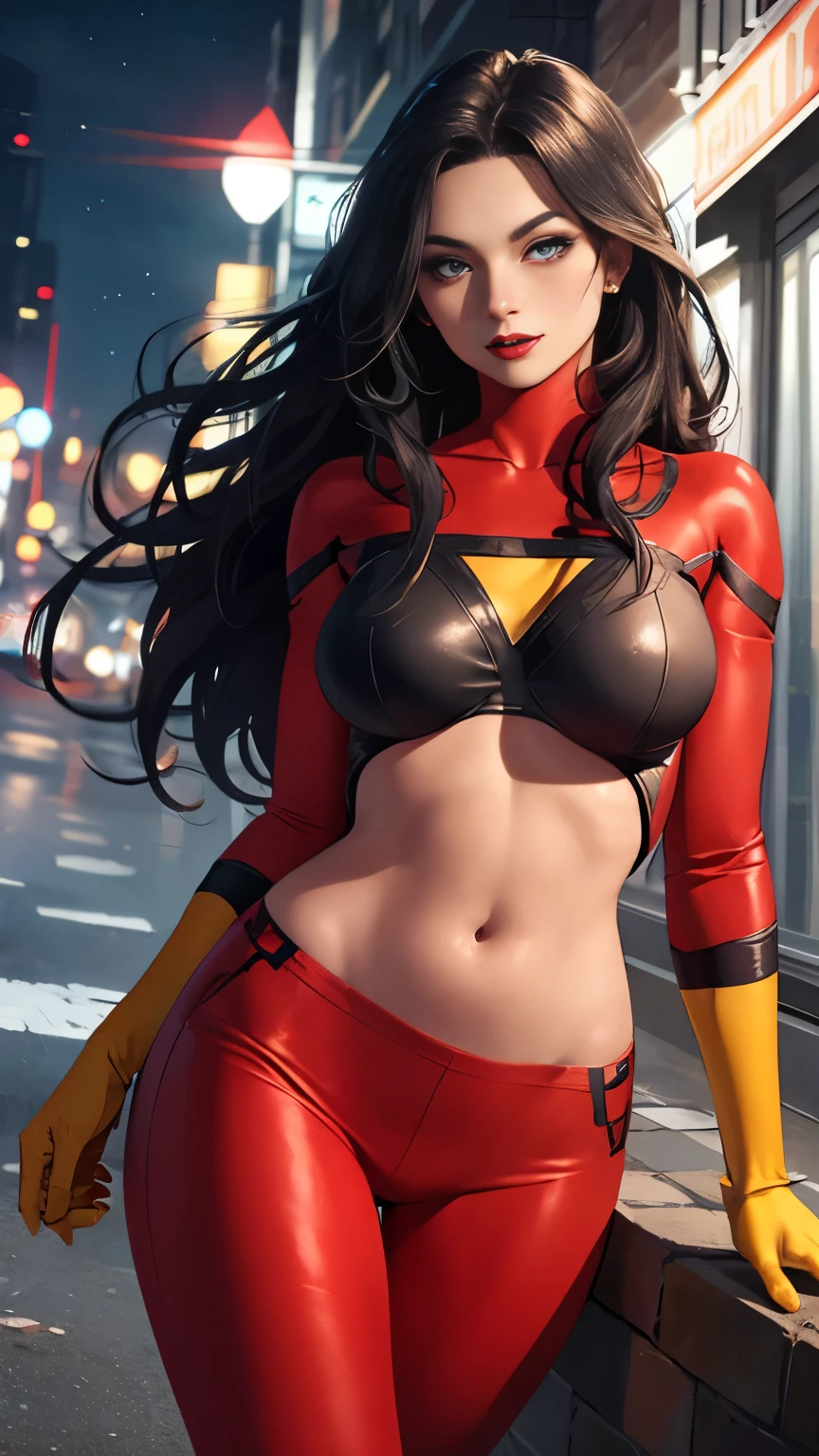 (Highly quality, masterpiece, detailed), Night city detailed scenario, Night city detailed background, 20 years old girl, Jessica_Drew_aiwaifu, long hair, black hair, large breasts, lips, lipstick, gloves, red shirt, red pants, yellow gloves, Leather clothes, yellow shirt, yellow pants, thighs, crop top, Abdomen, Navel, beautiful eyes, perfect eyes, looking at the viewer, Sexy pose