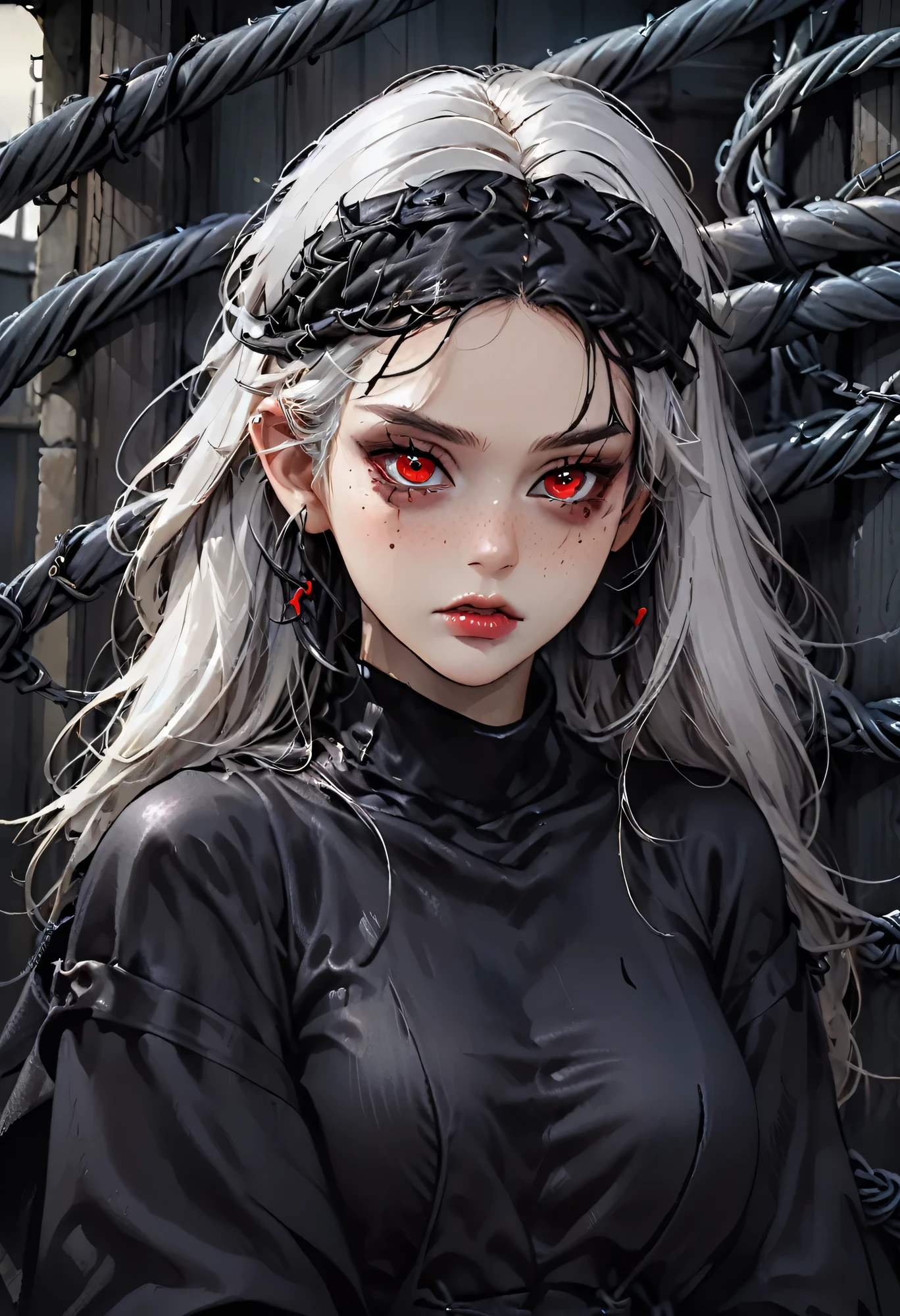 1 girl, white hair, piercing red eyes, slight smirk, full lips, black nails, barbed wire everywhere (black barbed wire coils), (best quality,4k,8k,highres,masterpiece:1.2),ultra-detailed,(realistic,photorealistic,photo-realistic:1.37),dark fantasy, horror, gothic,dramatic chiaroscuro lighting,moody and atmospheric