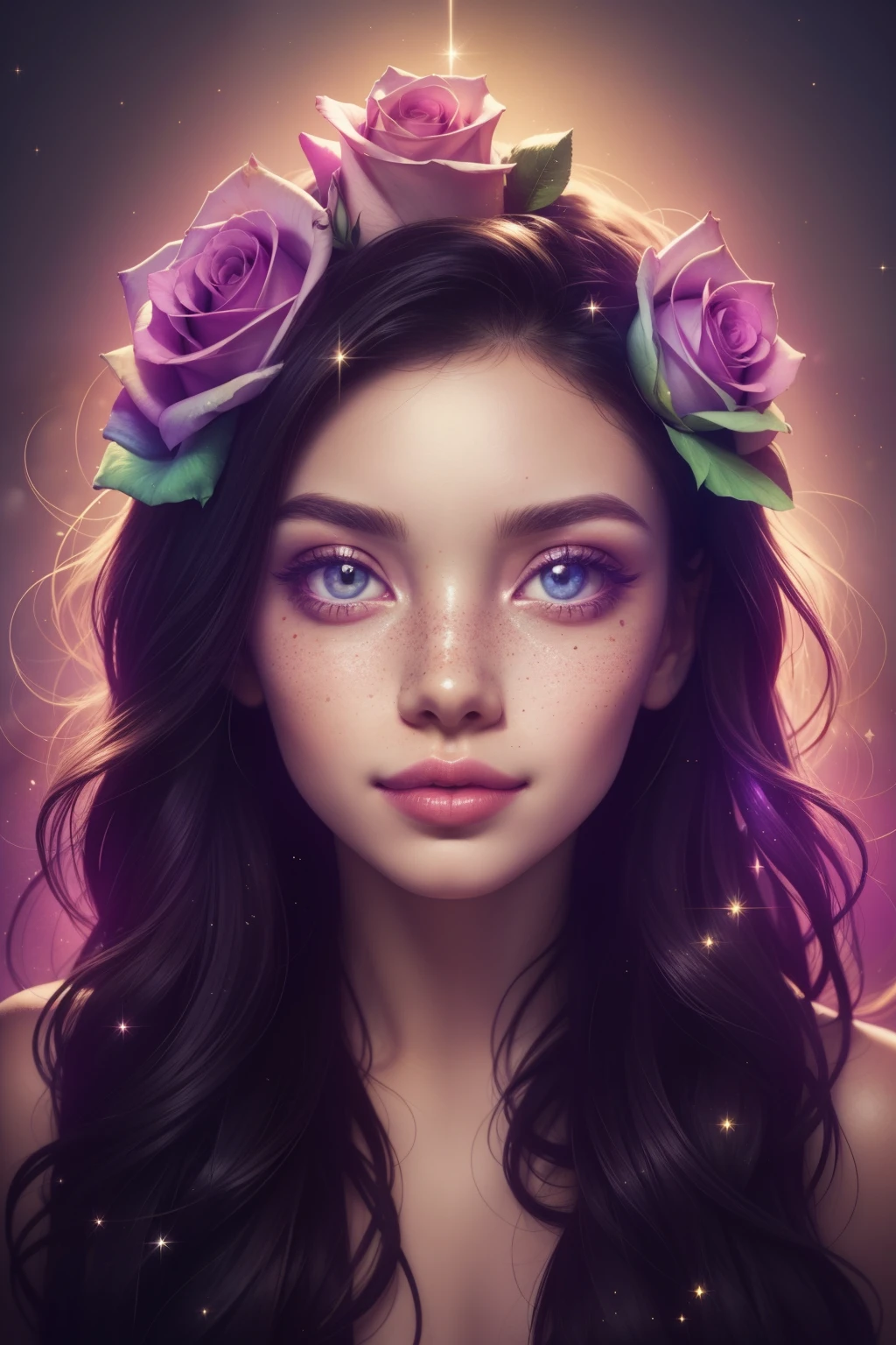 (This is a beautiful arcoíris fantasy image that feels interesante and emphasizes Brillantina and iridescence.) Generar un ((ciego)) curvy woman with Vistoso curly cabello and milky eyes. Her face is important and is perfectly formed with labios hinchados and perfect features. (Sus ojos son de vital importancia.). La imagen rezuma belleza etérea y suave fantasía.. Include dulce and detailed birds and soft, luminous flowers in all the colors of the arcoíris. El fondo de la imagen está decorado en tonos rosas., brillar, Brillantina, and fantasy details like colored burbujas and cosmos. Utilice una composición dinámica para crear una imagen atractiva y llena de acción.. La iluminación dramática y la iluminación cinematográfica realzan la belleza de la mujer y los colores suaves de la obra de arte.. (((((Perspectiva: De frente.))))) incluir fantasía, lindo, Vistoso, vistoso, interesante magic background, (sonriendo), ((marca de nacimiento en el labio)), ((Bonitos labios)), hermoso fondo, fondo complejo, dulce background, (((arcoíris))), pecas sutiles, pecas naturales, Surround her with eternal roses in brillaring shades. Añade detalles caprichosos como estrellas, burbujas, and Brillantina for an enchanting touch. Asegurar la perfección en su rostro., cabello, y los ojos. Incorporar elementos de alta fantasía., Capricho, y elegancia detallada. rosa inglesa, Princesa, cortesana, aristócrata, dulce, Encantador, Calma, Encantador, brillaring, brillando, Brillantinaing, fantasía astrológica, (((obra maestra))), (de la máxima calidad), rosa magica, jardín de fantasía, Hermoso rostro, cara perfecta, labios hinchados, interesante, Sonrisa tímida, elementos de fantasia, rosa magica, Ojos bonitos, perfect labios hinchados, tonos joya, luminosidad