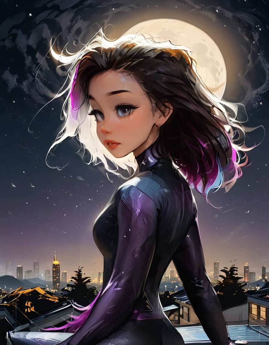  High quality, 16K,Perfect centralization, Fantastic black goldfish, happiness, standing position, abstract beauty, centered, looking at the camera, Facing the camera, approaching perfection, Dynamic, very detailed, seeds, sharp focus, 8K, a high resolution, illustration, art by Karn Griffiths and Vadim Kashin, 1 girl, Incredibly beautiful, Purple hair flutters in the wind, very sexy (strives for perfection). 
 mirror suit, tightly hugging her body (getting closer to perfection). Stands with his back on the edge of the roof,. night, sky full of stars and a huge silhouette of the moon. Breathtaking view, wind, wind-effect, lunar night view, (great view:1.1). 