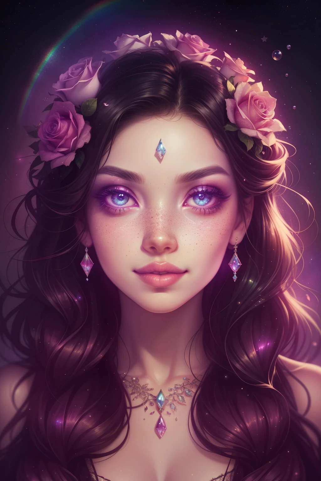 (This is a beautiful arco-íris fantasy image that feels interessante and emphasizes BRILHO and iridescence.) Gerar um ((cego)) curvy woman with colorida curly cabelo and milky eyes. Her face is important and is perfectly formed with lábios inchados and perfect features. (Seus olhos são extremamente importantes). A imagem exala beleza etérea e fantasia suave. Include doce and detailed birds and soft, luminous flowers in all the colors of the arco-íris. O fundo da imagem é decorado em tons de rosa, brilhar, BRILHO, and fantasy details like colored Bolhas and cosmos. Utilize composição dinâmica para criar uma imagem atraente e cheia de ação. A iluminação dramática e a iluminação cinematográfica realçam a beleza da mulher e as cores suaves da obra de arte. (((((perspectiva: de cabeça erguida.))))) Incluir fantasia, bonitinho, colorida, colorida, interessante magic background, (Sorrindo), ((marca de nascença no lábio)), ((Linda boca)), fundo bonito, fundo complexo, doce background, (((arco-íris))), sardas sutis, sardas naturais, Surround her with eternal roses in brilharing shades. Adicione detalhes extravagantes como estrelas, Bolhas, and BRILHO for an enchanting touch. Garanta perfeição em seu rosto, cabelo, e olhos. Incorpore elementos de alta fantasia, caprichoso, e elegância detalhada. Rosa inglesa, princess, cortesã, nobre, doce, Adorável, calm, Adorável, brilharing, cintilante, BRILHOing, fantasia astrológica, (((obra de arte))), (mais alta qualidade), rosa mágica, jardim de fantasia, rosto bonito, Rosto Perfeito, lábios inchados, interessante, sorriso tímido, elementos de fantasia, rosa mágica, Olhos lindos, perfect lábios inchados, tons de joias, luminosidade