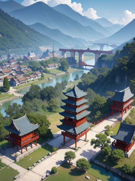 painting of a chinese village with a bridge over a river, ross tran. landscape background, digital painting of a pagoda, cyberpu...