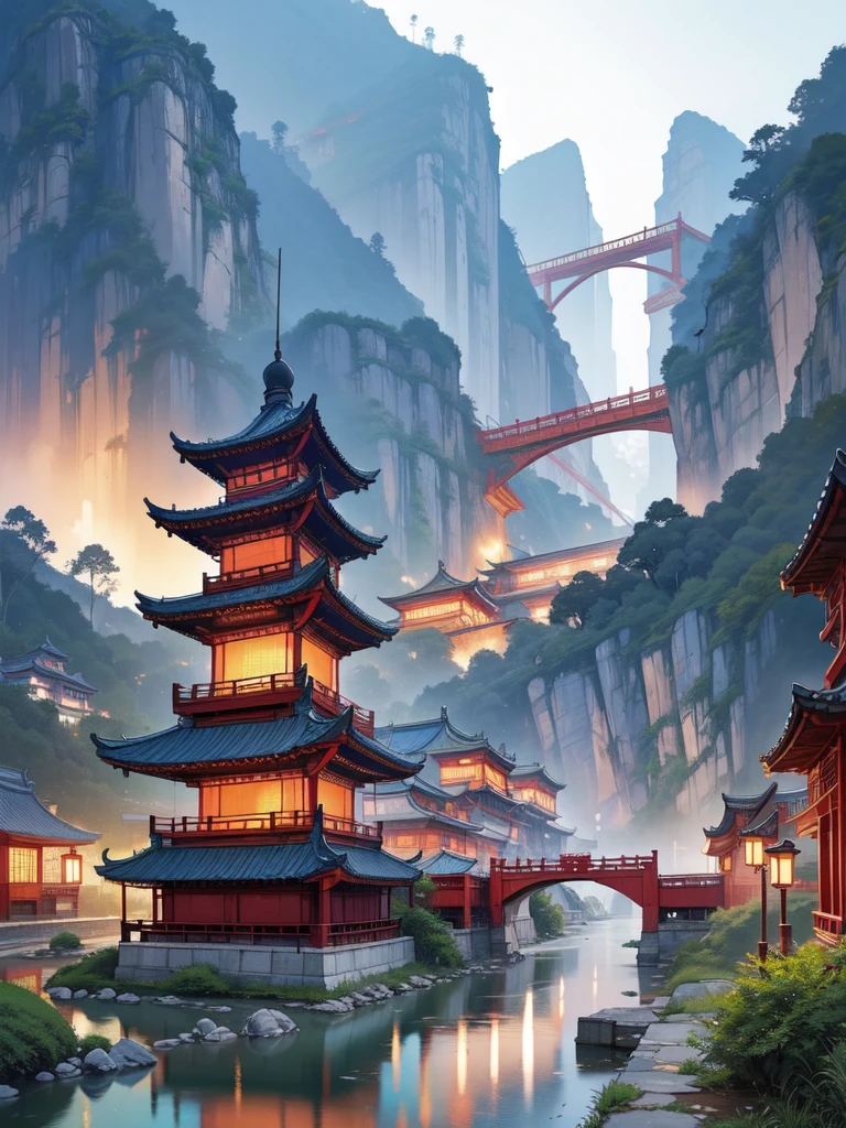 Painting of a Chinese village with a bridge over a river, Ross Tran. Landscape Background, Digital Painting of a Pagoda, Cyberpunk Chinese Ancient Castle, China&#39;s dream city, Highly detailed digital painting, Highly detailed digital painting, Detailed Landscape — Width 672, wlop and Ross Tran, Detailed painting 4k, detailed digital concept art, Highly detailed digital artwork