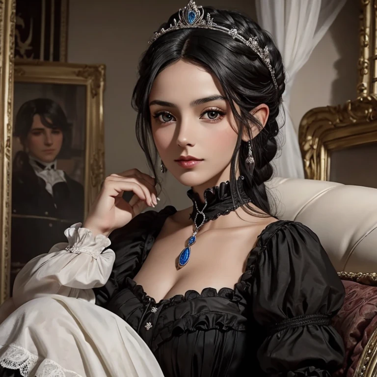 年轻女子, 黑发, 短发,有雀斑的, 淡褐色的眼睛, 像公主一样精致, 维多利亚时代 