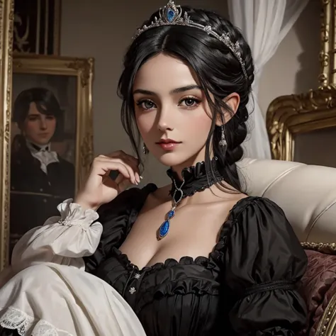 Mujer joven, cabello negros, cabello corto,pecosa, ojos color avellana, delicada como princesa, Victorian age 