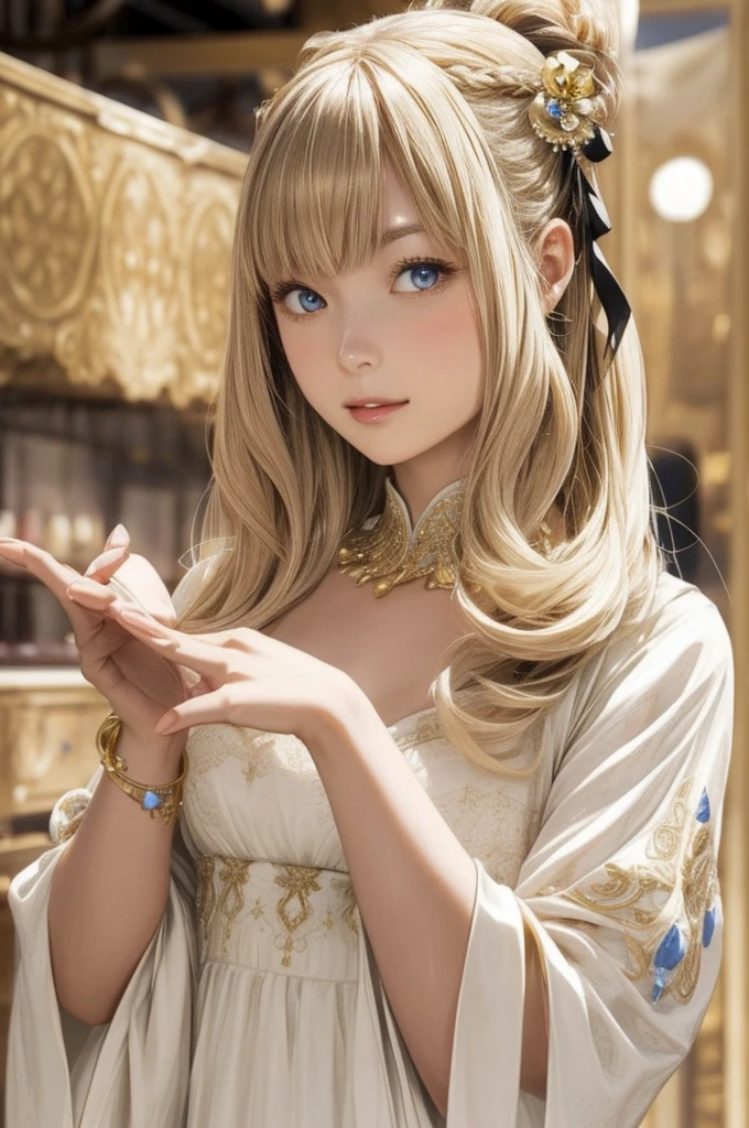 One girl, Long Hair, Light Hair Color, Seductive eyes, Mysterious look, Mature Appearance, Attractive dress, loose fitting dress, Elegant Jewelry, Intricate decoration, Magic symbols, Glowing Accessories, Portion, Scroll, Cute accent, bow, ribbon, Flowers,