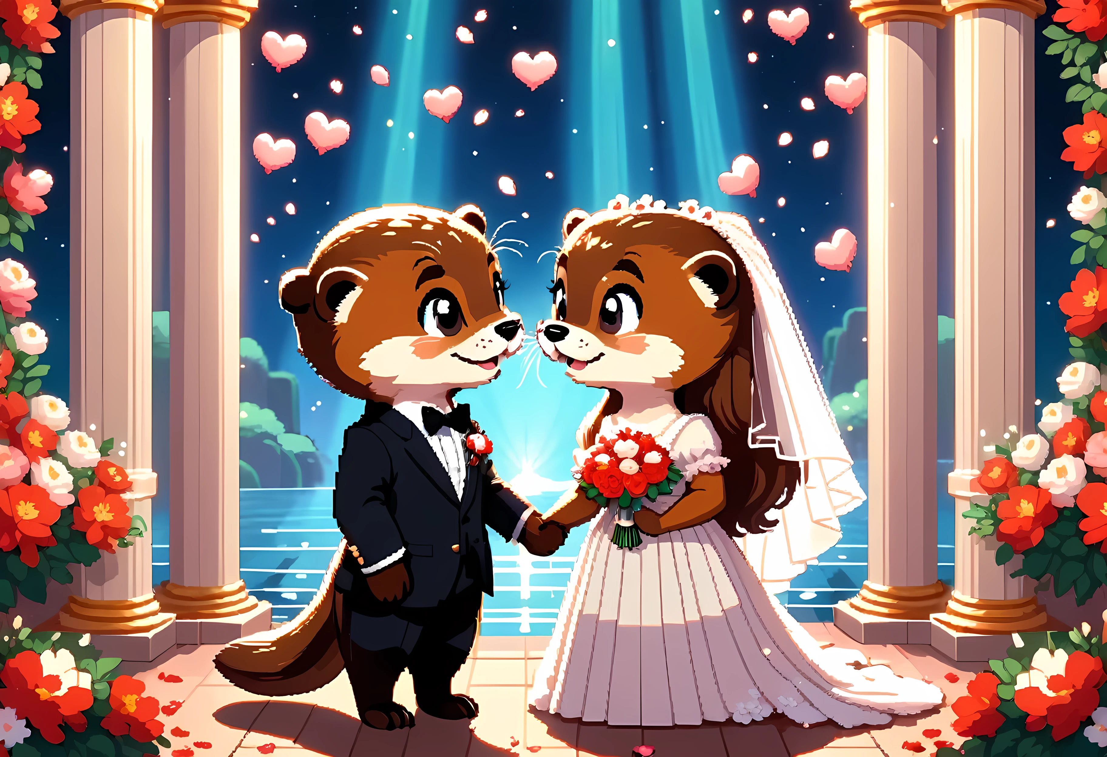 CuteCartoonAF, Cute Cartoon, cute cartoon illustration, (masterpiece in maximum 16K resolution, superb quality, ultra detailed:1.3), side view of a hamster love couple standing on the (decorative romantic boat amidst the classic wedding ceremony), (ruffled stylish clothes:1.2), (columns surrounded with flowers, floating petals), divine aura, serene romantic atmosphere.
