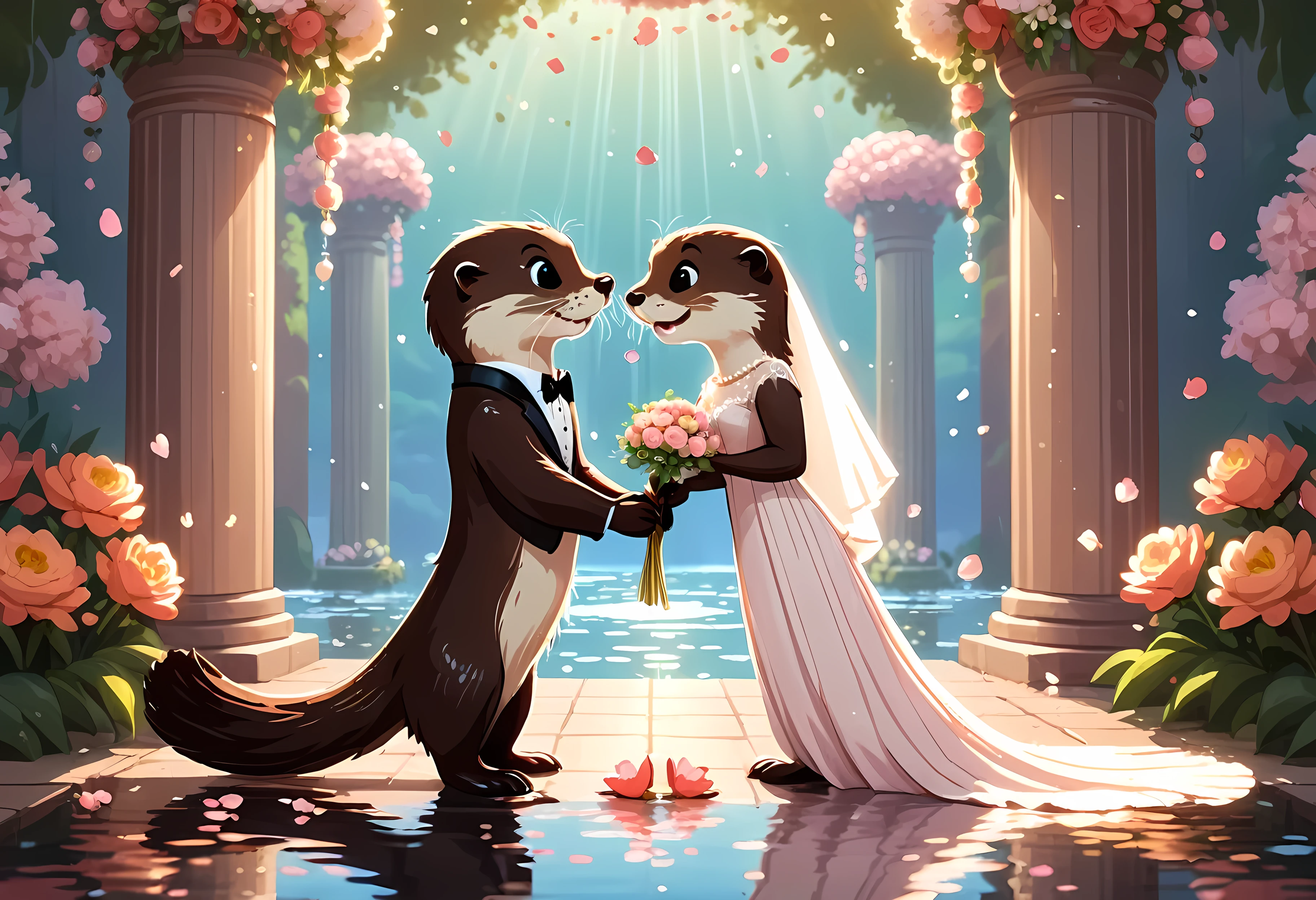 CuteCartoonAF, Cute Cartoon, cute cartoon illustration, (masterpiece in maximum 16K resolution, superb quality, ultra detailed:1.3), side view of a hamster love couple standing on the (decorative romantic boat amidst the classic wedding ceremony), (ruffled stylish clothes:1.2), (columns surrounded with flowers, floating petals), divine aura, serene romantic atmosphere.
