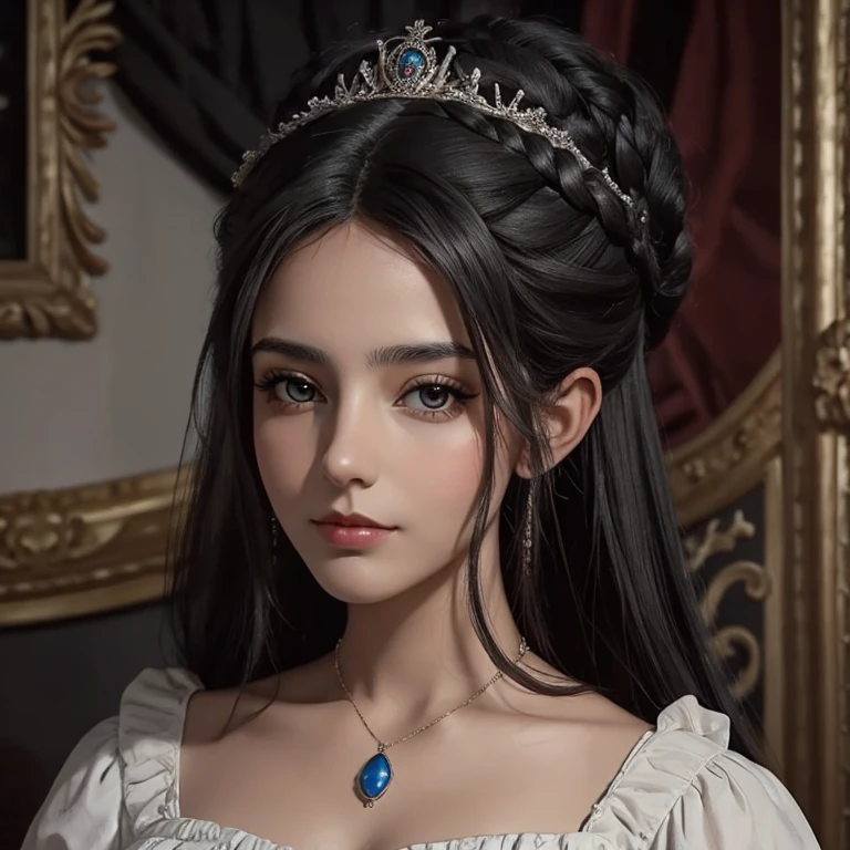 young woman, black hair, hair below the chin, freckled, Hazel eyes, delicate like princess, Victorian age 