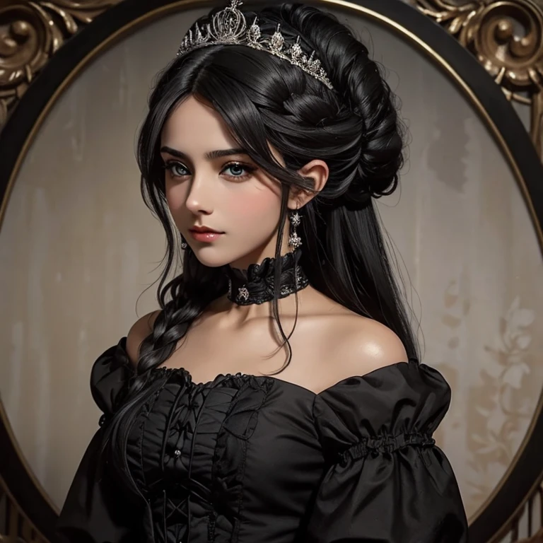 молодая женщина, черные волосы, волосы ниже подбородка, веснушчатый, карие глаза, нежный, как принцесса, Викторианский век 