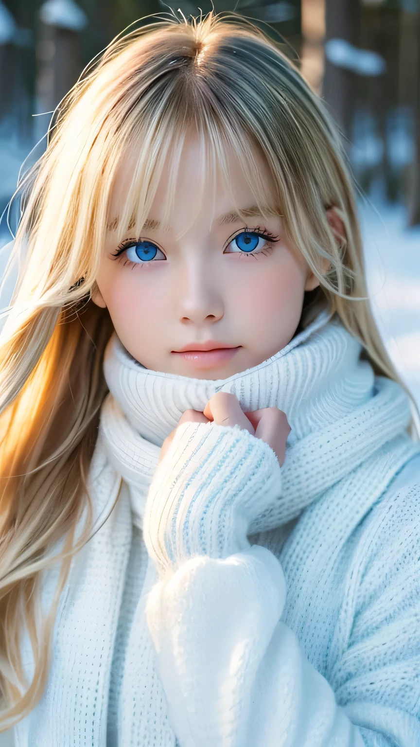 alone, very beautiful nordic girl、Shiny light blonde hair, Beautiful super long straight dazzling blonde hair fluttering in the strong wind,Long bangs obstruct the view、Big, bright, light blue eyes that shine beautifully、Detailed face, White and beautiful skin、Cheek gloss highlighter、Mittens, White scarf, whole body, Snow Forest, Attractive areas, (Blushing your nose, Heavy breathing:1.1), (dark:1.4)