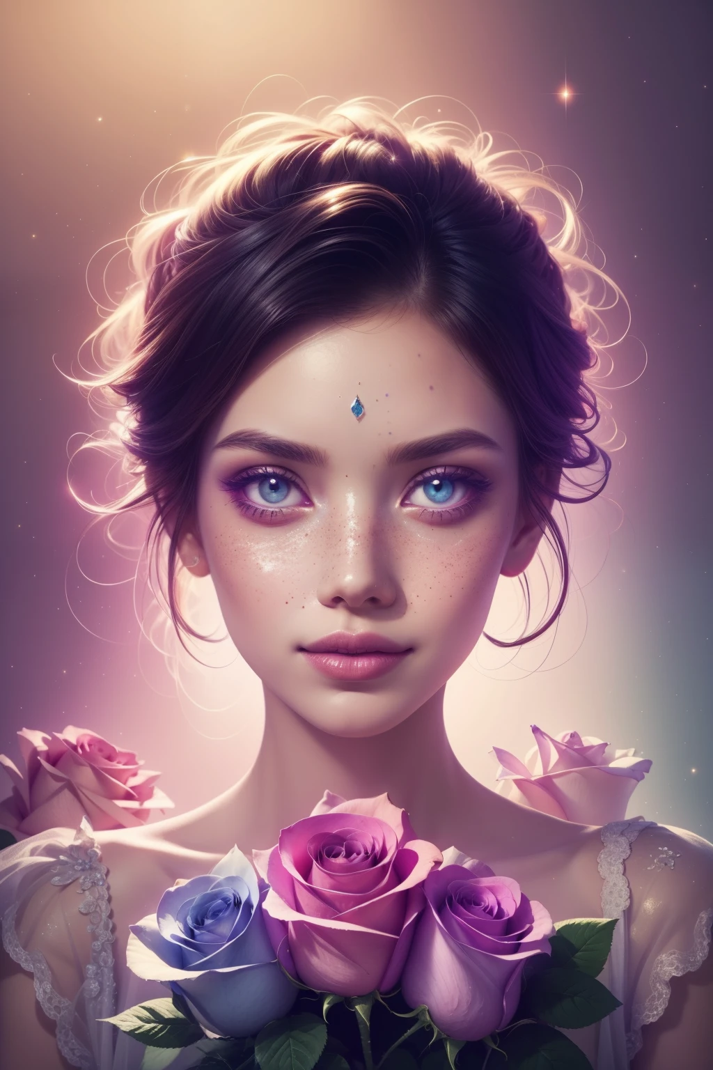 (This is a beautiful 彩虹 fantasy image that feels 有趣的 and emphasizes 闪光 and iridescence.) 生成 ((瞎的)) curvy woman with 丰富多彩的 curly 头发 and milky eyes. Her face is important and is perfectly formed with 嘴唇浮肿 and perfect features. (她的眼睛至关重要). 图像散发着空灵的美感和柔和的幻想. Include 甜的 and detailed birds and soft, luminous flowers in all the colors of the 彩虹. 图像的背景以粉红色调装饰, 闪光, 闪光, and fantasy details like colored 气泡 and cosmos. 利用动态构图创造引人注目、充满动感的图像. 戏剧性的灯光和电影灯光增强了女人的美丽和艺术品的柔和色彩. (((((看法: 脑袋上.))))) 包括幻想, 可爱的, 丰富多彩的, 丰富多彩的, 有趣的 magic background, (傻笑), ((嘴唇上的胎记)), ((美丽的嘴唇)), 美丽的背景, 复杂背景, 甜的 background, (((彩虹))), 细微雀斑, 天然雀斑, Surround her with eternal roses in 闪光ing shades. 添加星星等奇特的细节, 气泡, and 闪光 for an enchanting touch. 确保她的脸部完美, 头发, 和眼睛. 融入奇幻元素, 奇思妙想, 和细致的优雅. 英国玫瑰, 公主, 名妓, 贵妇, 甜的, 可爱, 冷静的, 可爱, 闪光ing, 微光, 闪光ing, 占星幻想, (((杰作))), (最好的质量), 魔法玫瑰, 梦幻花园, 漂亮的脸蛋, 完美脸蛋, 嘴唇浮肿, 有趣的, 腼腆的笑, 奇幻元素, 魔法玫瑰, 漂亮的眼睛, perfect 嘴唇浮肿, 宝石色调, 亮度