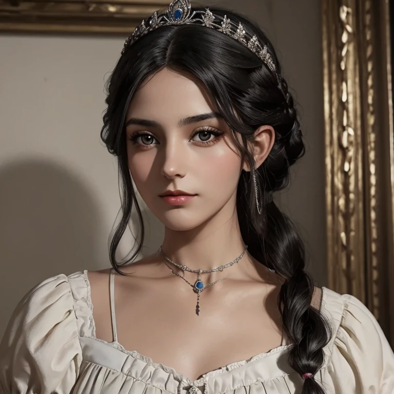 Junge Frau, schwarzes Haar, kurzes Haar,sommersprossig, haselnussbraune Augen, zart wie eine Prinzessin, Viktorianisches Zeitalter