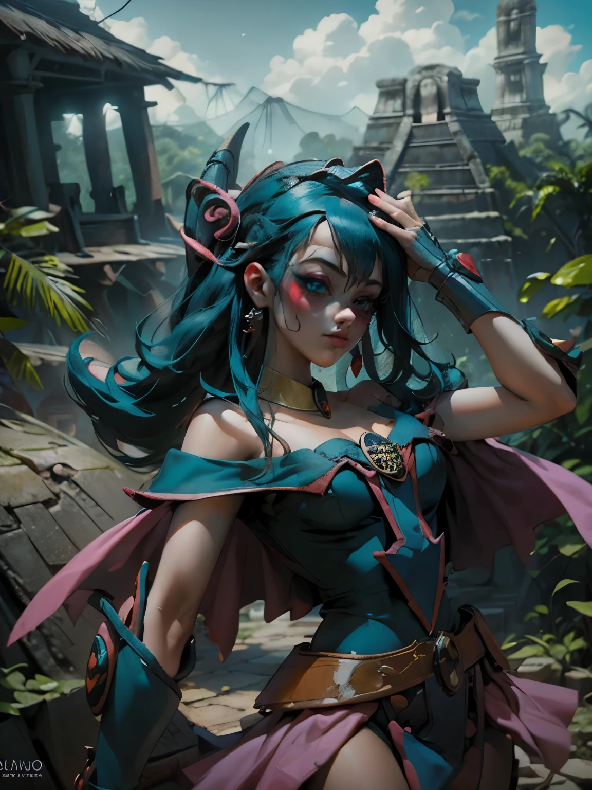 Hermosa y sensual dark magician gils vestida como Harley Quinn. pelo rojo y azul. Labios rojos. Ojos azules. Fondo de ruinas MAYAS De TIKAL. en medio de la selva . Ruina maya de Tikal. Pose amistosa