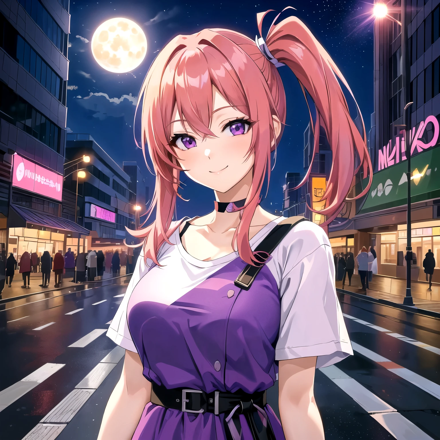 anime woman, redhead somewhat pinkish hair, ponytails, smiling, happy, looking at the viewer wearing purple dress with white t-shirt, in the city, at night, subway at background, park, full moon, dynamic lights, anime style, digital art, 8k